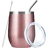 MEWAY Stemless 12 OZ Wine Tumbler Glasses with Lid -Insulated Double Wall Vacuum Stainless Steel Travel Tumbler with Straw,Gi