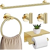 Brushed Gold Bathroom Hardware Set, 5 Pieces Gold Towel Bar Bathroom Accessories, Upgraded Toilet Paper Holder with Shelf Set, 23.6 Inch Towel Rack Towel Holder for Bathroom Wall