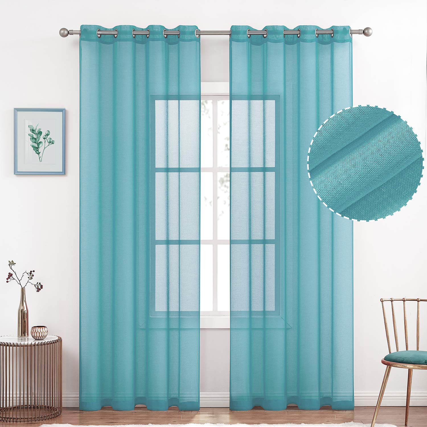 July Joy Semi Linen Look Sheer Curtains for Bedroom, Living Room Grommet Light Filtering Solid Voile Window Curtains, Set of 2 panels (52 x 84 inch, Teal)