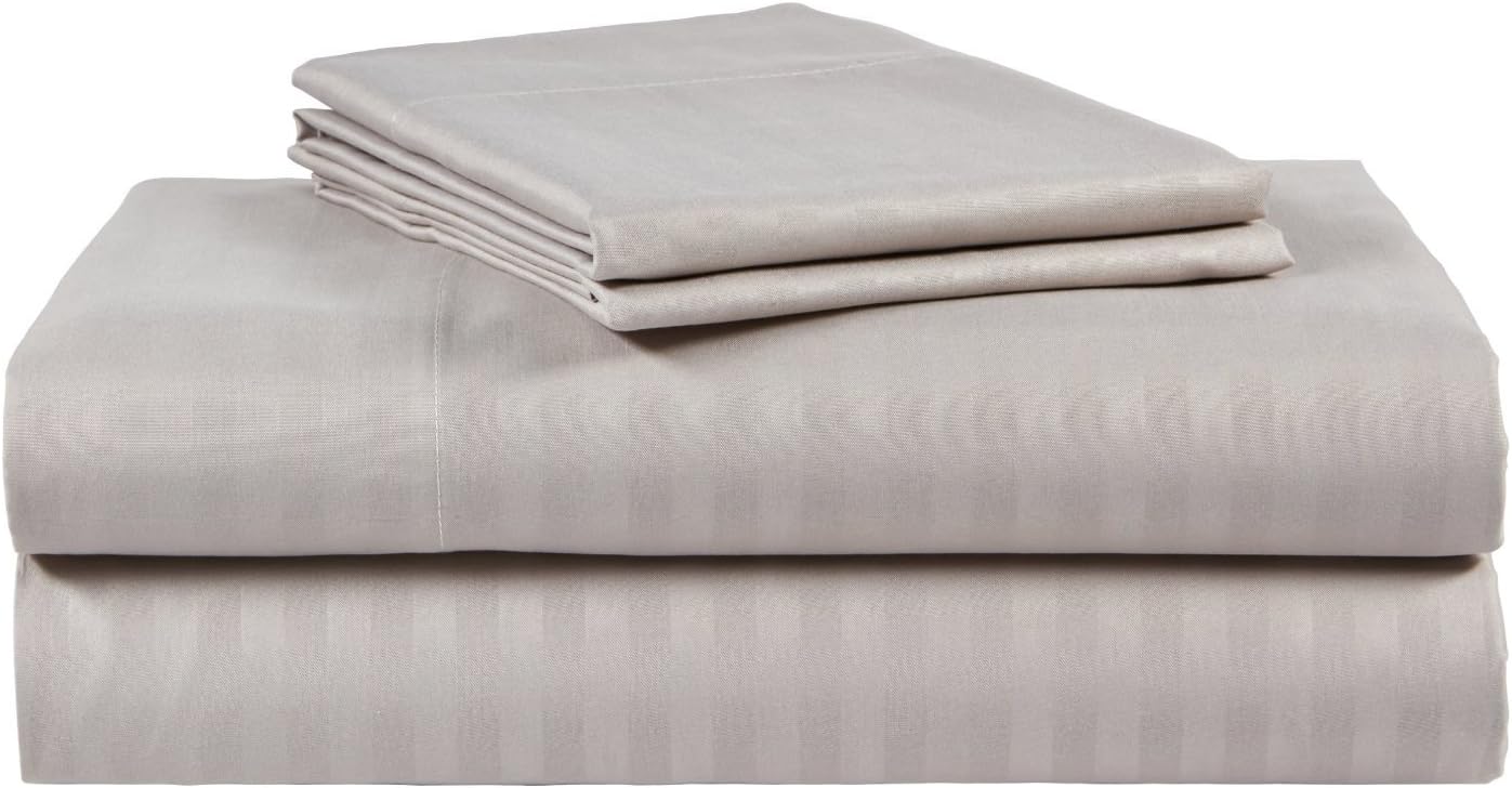Bonne Nuit 400-Thread-Count 100% Cotton Sheet Stripe Silver Grey Queen-Sheets Set, 4-Piece Long-Staple Combed Cotton Sheets for, Breathable, Soft & Silky Striped Sateen Weave Fits Mattress Upto 17''