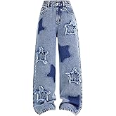 WDIRARA Girl's Star Patched Baggy Jeans Straight Leg Raw Trim Denim Pants Streetwear