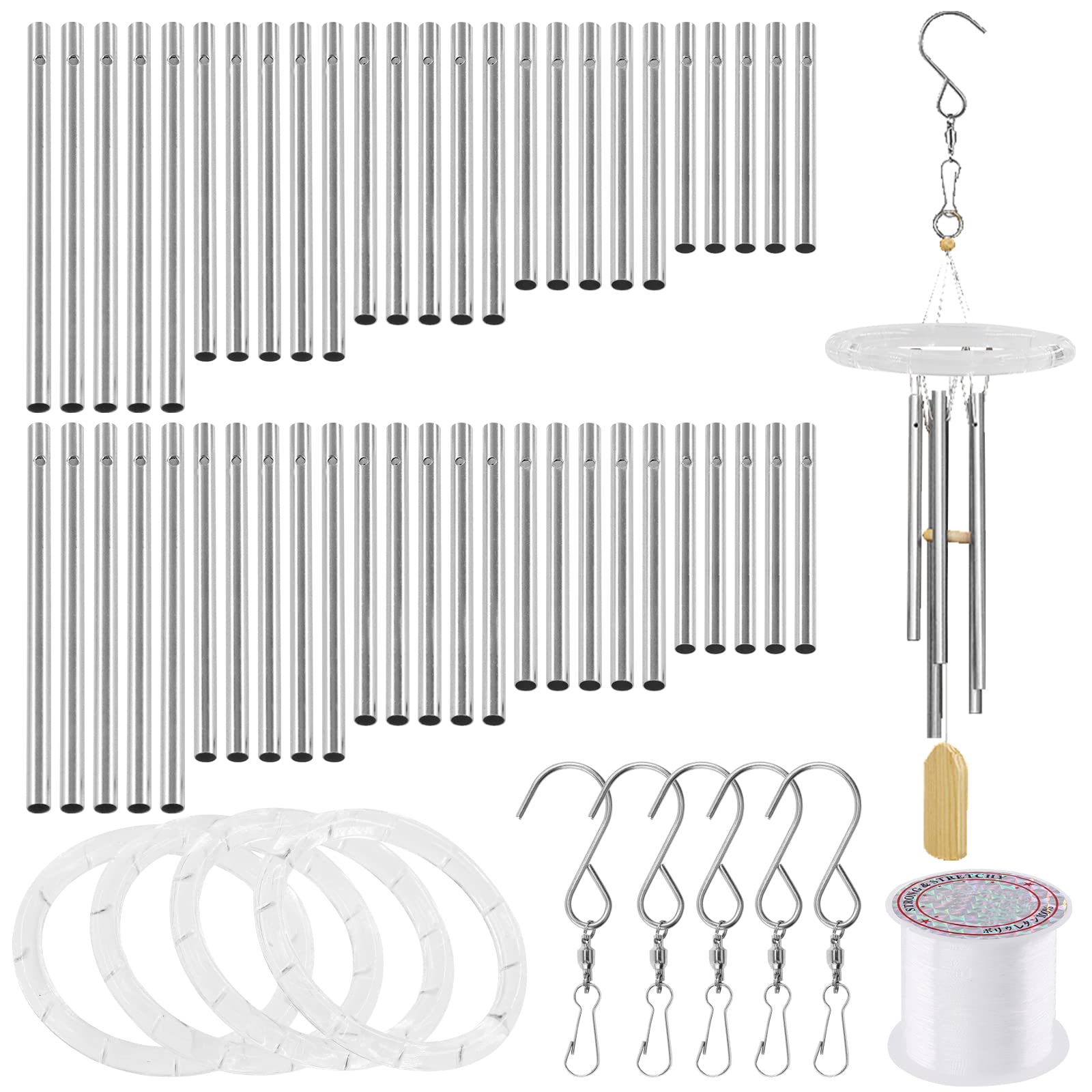 Swpeet 60Pcs Wind Chime Tubes Kit with 100 Yard Wire and Swivel Hooks, Wind Chime Part Kit