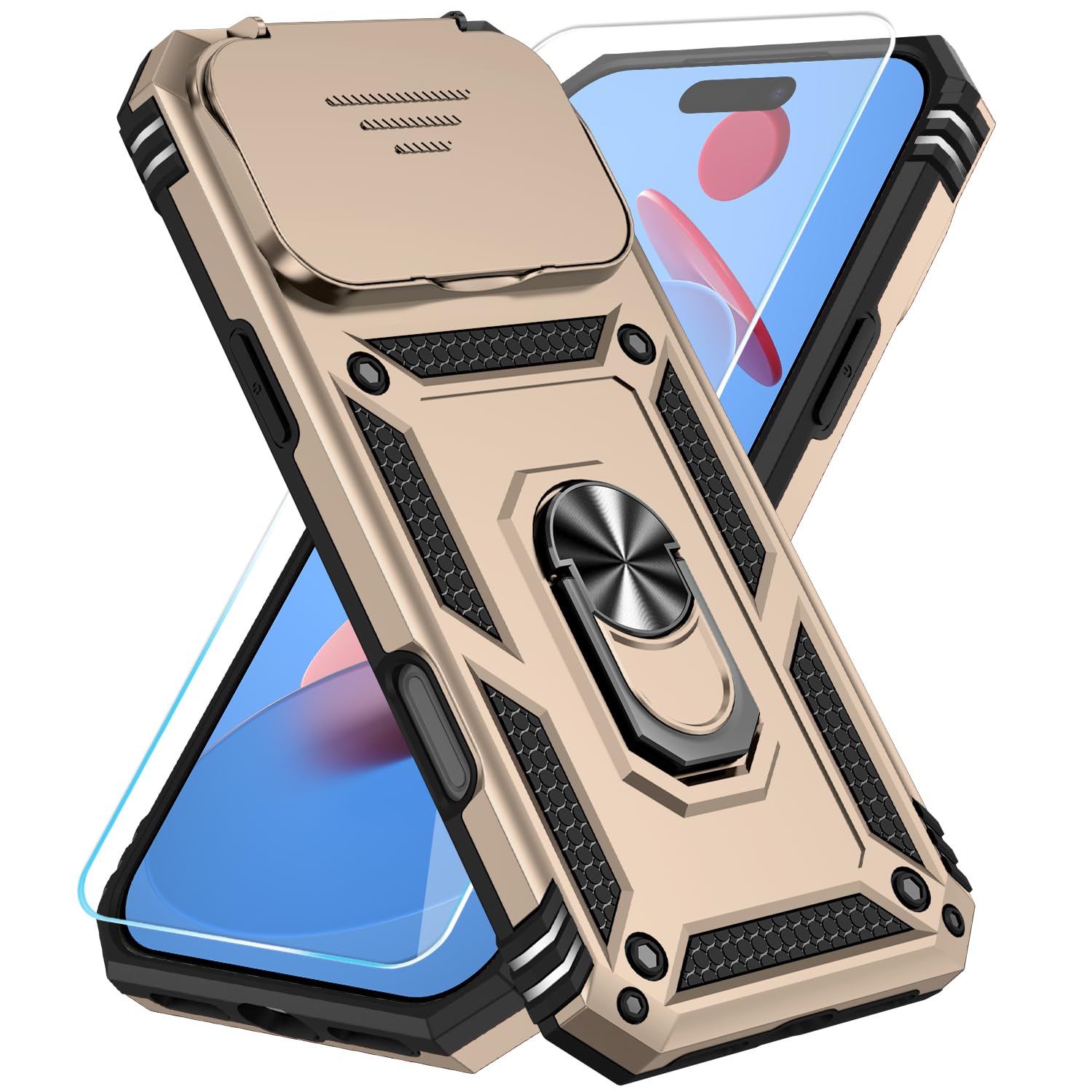 SunStory Phone Case for iPhone 17 Pro Max Case with HD Screen Protector & Slide Camera Cover & Rotated Ring Kickstand, [Military-Grade] Phone Case for iPhone 17 Pro Max,Gold