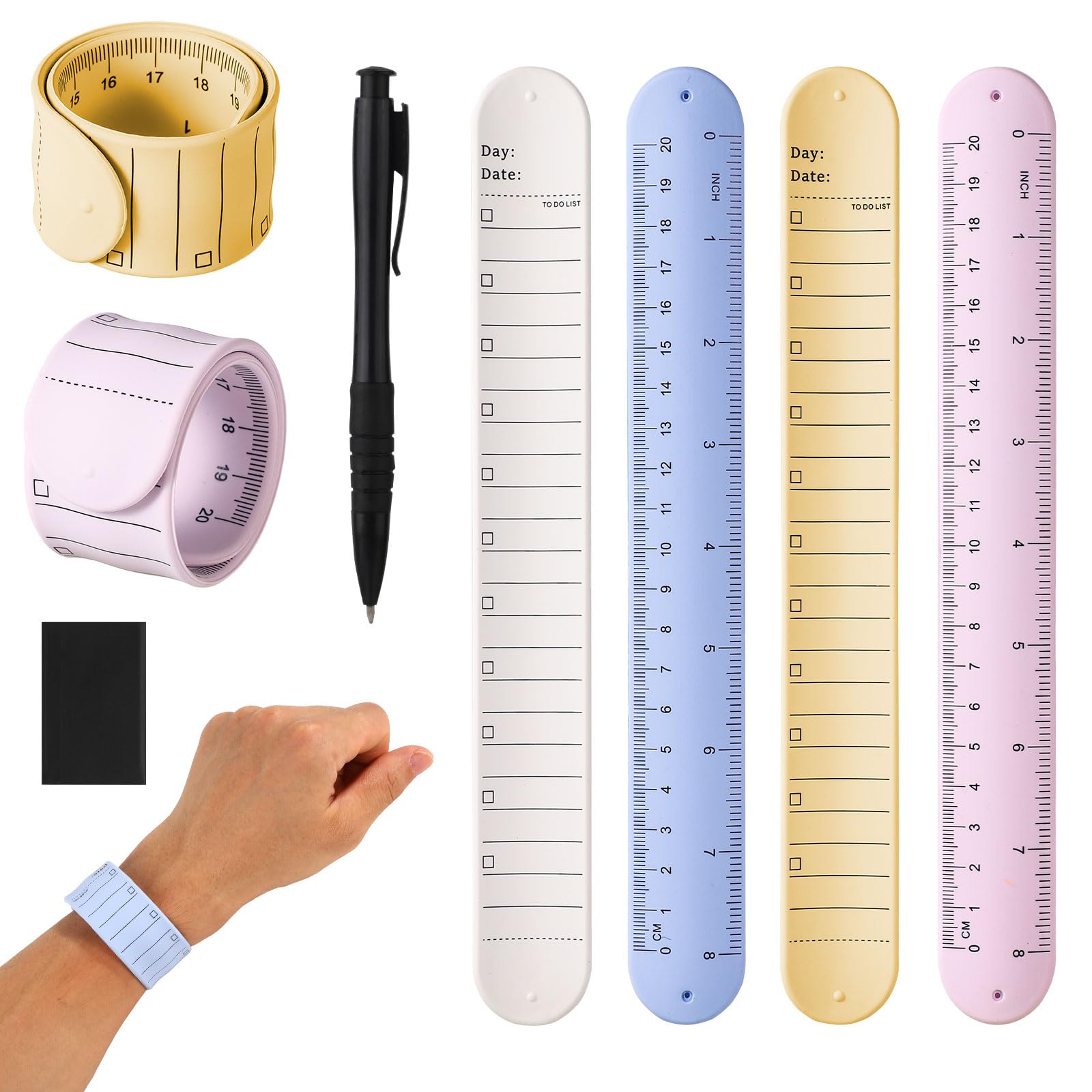 4pcs Wrist Notepad, 9.37x1.18x0.1in Erasable Wearable to Do List Reminder Bracelet Silicone Reusable Notes Memo Wristband with Pen Eraser Slap Ruler for Students Nurses Daily Planner (Color 1)
