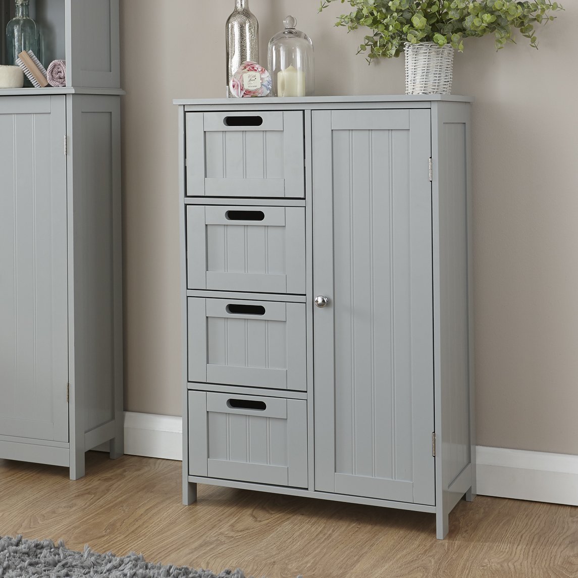 Home Source Colonial 4 Drawer 1 Door Chest of Drawers Multi Storage Tong & Groove - Grey