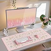 iCasso Pink Desk Cover Mat,Big Mouse Pad for Laptop,Aesthetic Computer Pad with Stitched Edges,Non Slip Keyboard Mat for Desktop,Cute Floral Desk Protector for Office Home Dorm