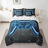 Feelyou Gamer Comforter Set with Sheets for Kids Boys Teens Game Controller Bed in a Bag Gaming Gifts 7 Piece Bedding Set Full Size for All Season,Blue Bed Set