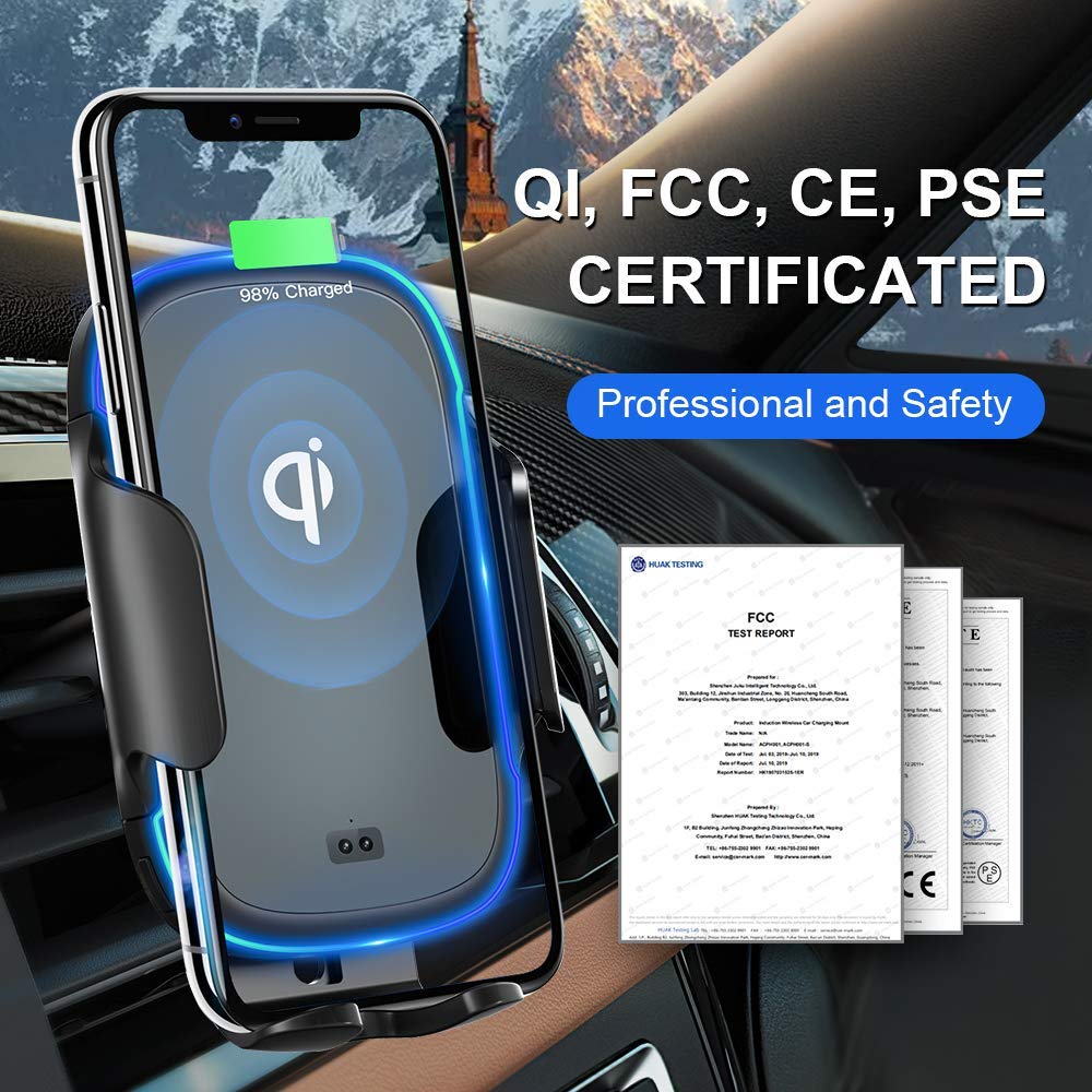 bedee Wireless Car Charger Mount, 15W Fast Qi Wireless Car Charger IR Sensor Automatic Clamping Phone Holder Car Vent Mount Compatible with iPhone 8/8+/X/XS/XS Max/XR/11, Galaxy s9/s9+/s8/s8+/S7