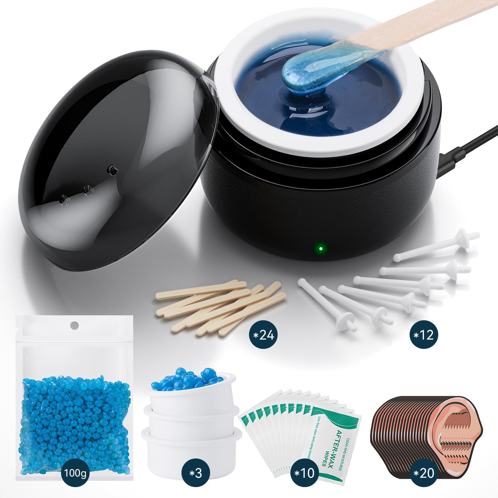 Nose Wax Kit Men ｜100g Wax｜USB Fast Heat｜Smart Constant Temp｜12 Nose Hair Sticks｜3 Silicone Pots｜Travel Size｜Unisex｜Suitable for Different Body Parts