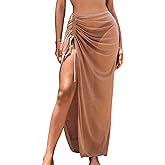 SweatyRocks Women's Sheer Mesh Cover Up Skirt Drawstring Side Split Thigh Ruched Beach Cover Up