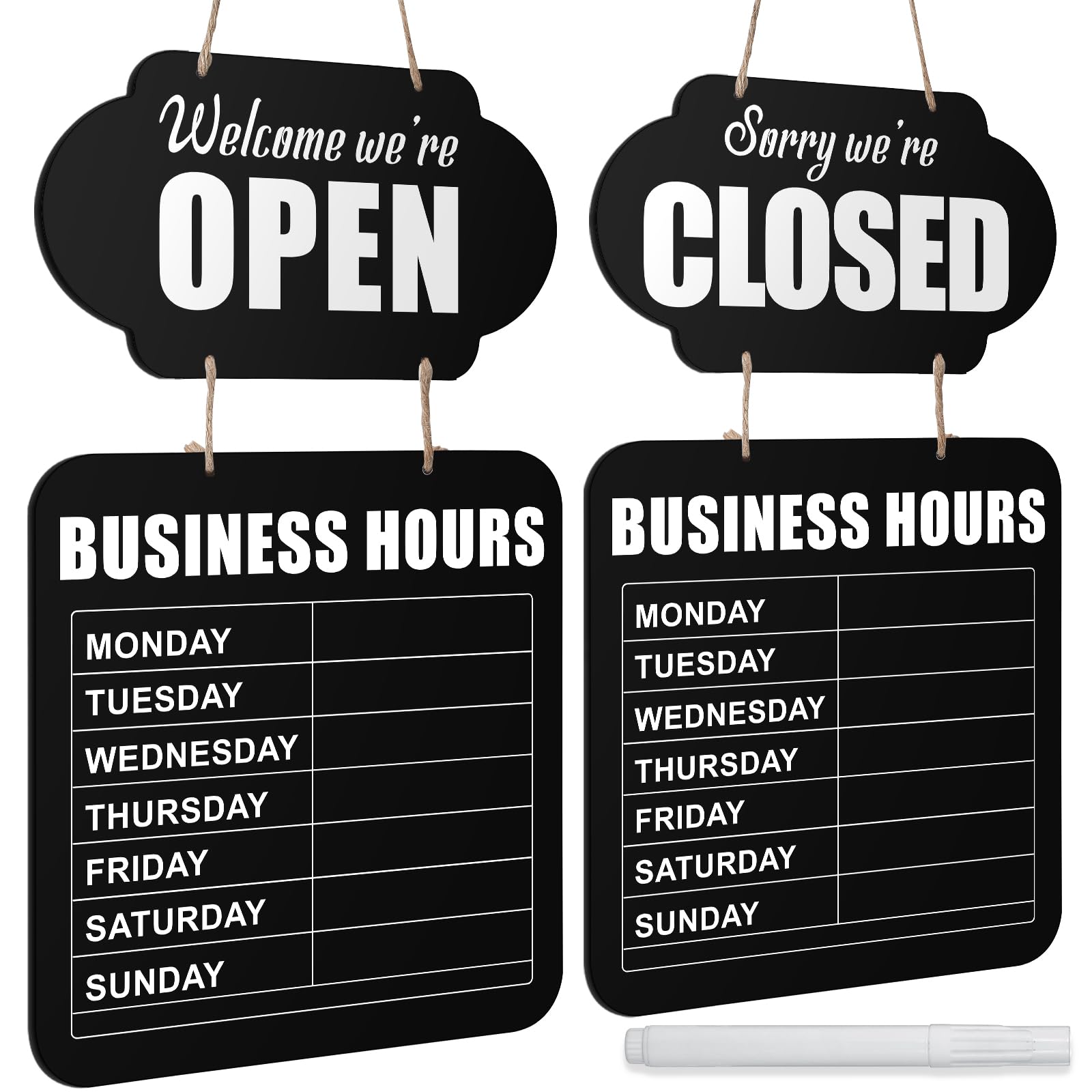 Business Hours Hanging Chalkboard Open Closed Sign Wooden Welcome Chalk Boards Double Sided Restaurant Door Sign with Erasable Blackboard Pen for Florist Cafe Store Restaurant (Black)