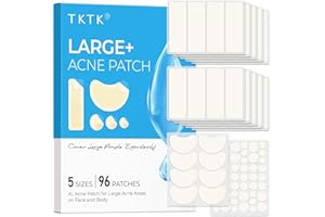 TKTK Large Pimple Patches for Face, XL Acne Patches 60 x 20 mm, Big Hydrocolloid Bandages for Body, Forehead, Chin, Neck Zit Breakouts, Hydrocolloid Patch (Strip, Contoured, Dot 5 Sizes 96 Count)