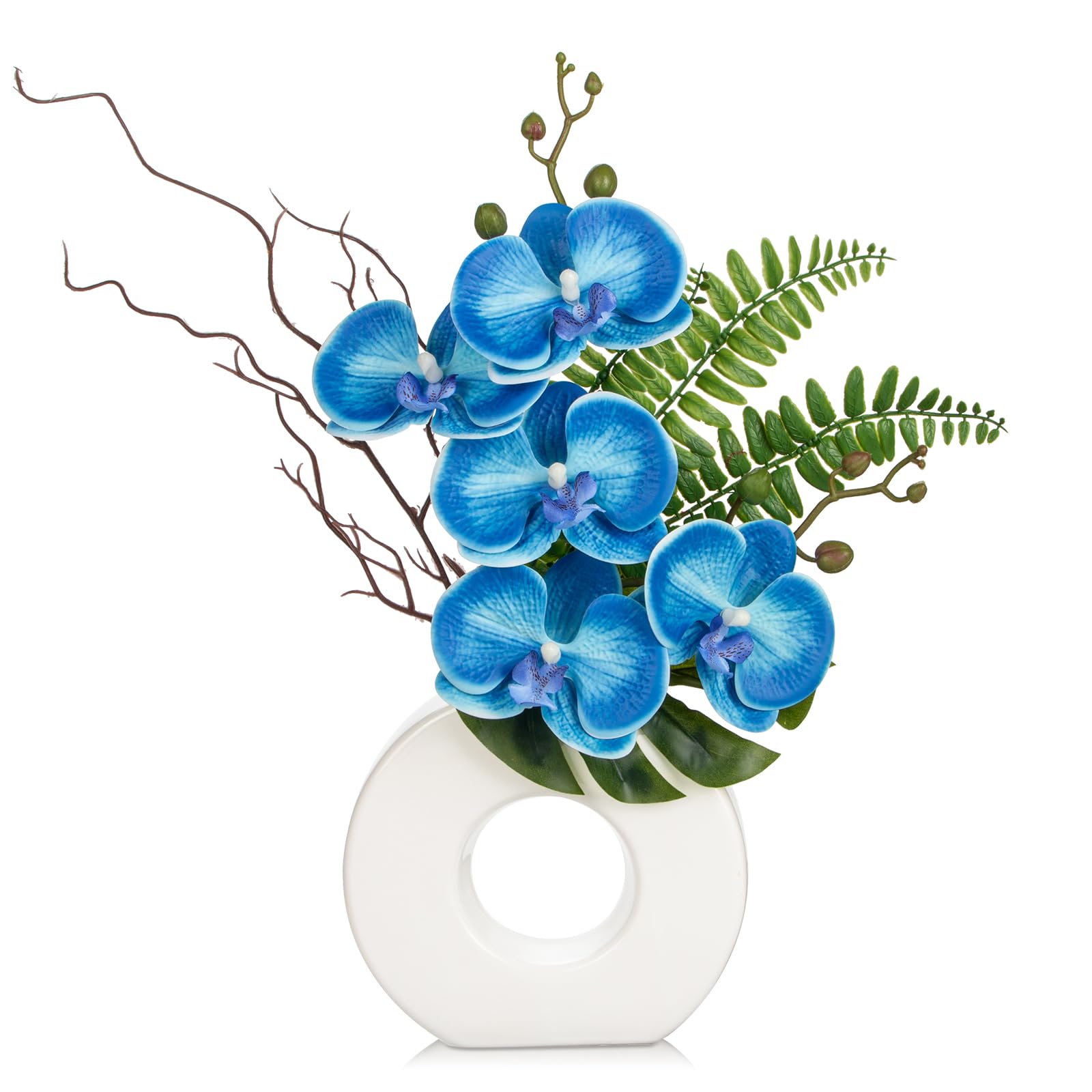 Oairse Artificial Orchid Flowers 41cm Blue Orchid Silk Flowers with Ceramic White Vase Faux Phalaenopsis Flower Arrangement for Home Office Kitchen Table Centerpiece Decoration