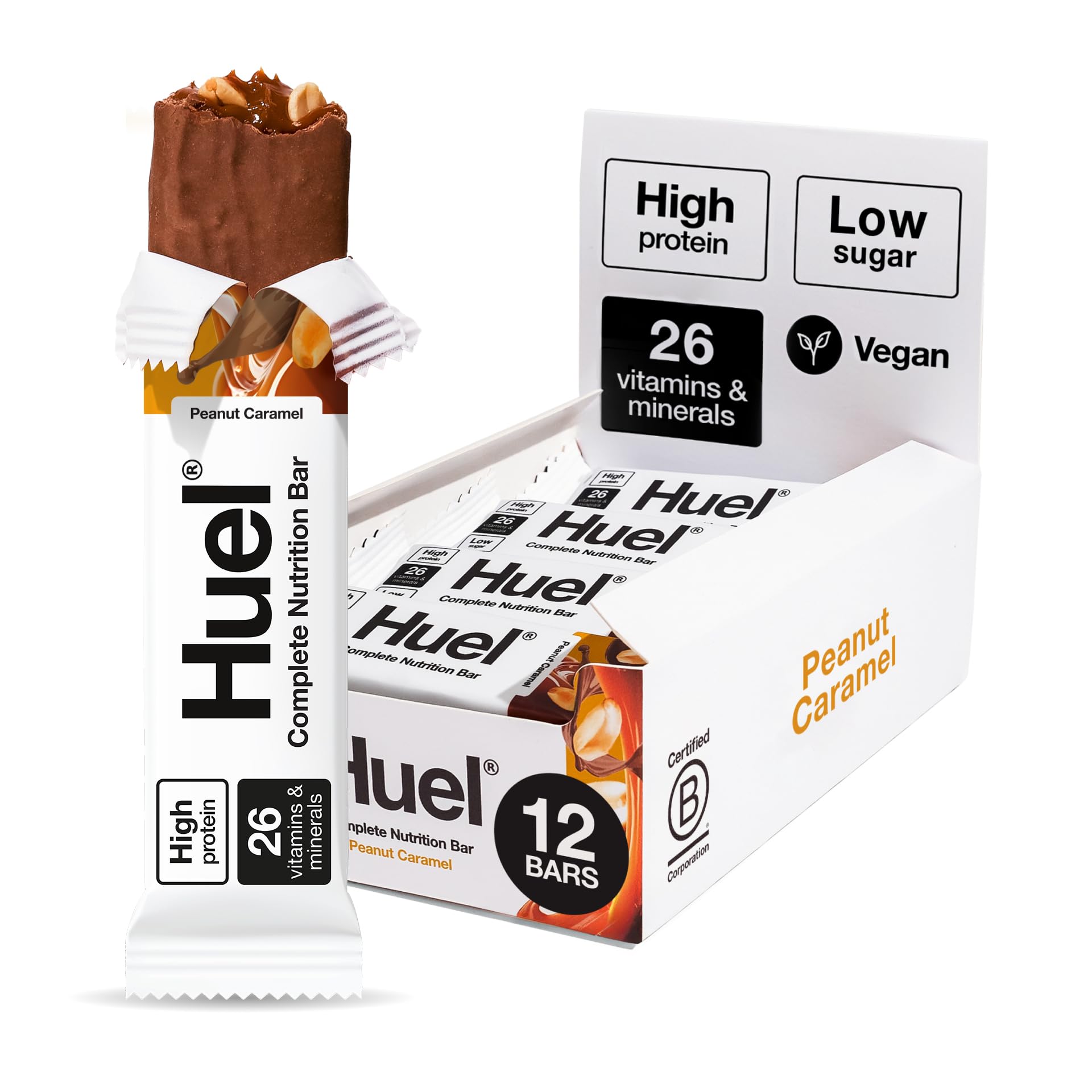 Huel Complete Nutrition Bar, 12 x 51g Bars, Peanut Caramel, High Protein Bar, Plant-Based Protein Bars, Low Sugar, High Fibre, High-Protein Snack with Vegan Chocolate, Under 200 Calories