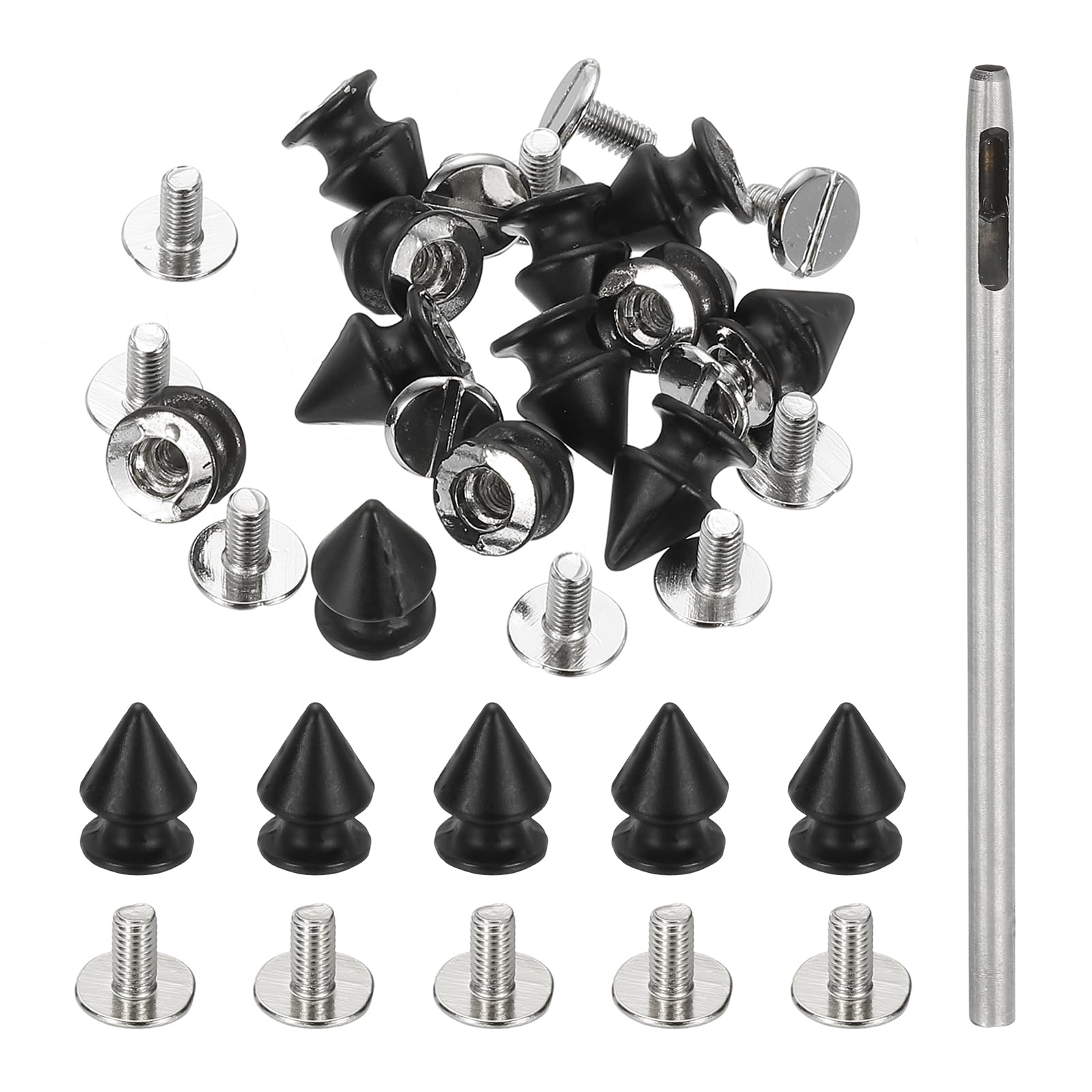 PATIKIL 12mm Studs for Clothing, 24 Sets Spikes for Clothes Studs and Spikes Leather Rivets Metal Cone Punk Spikes Screw Posts with Hole Puncher for Leather Jacket Fabric, Dark Black