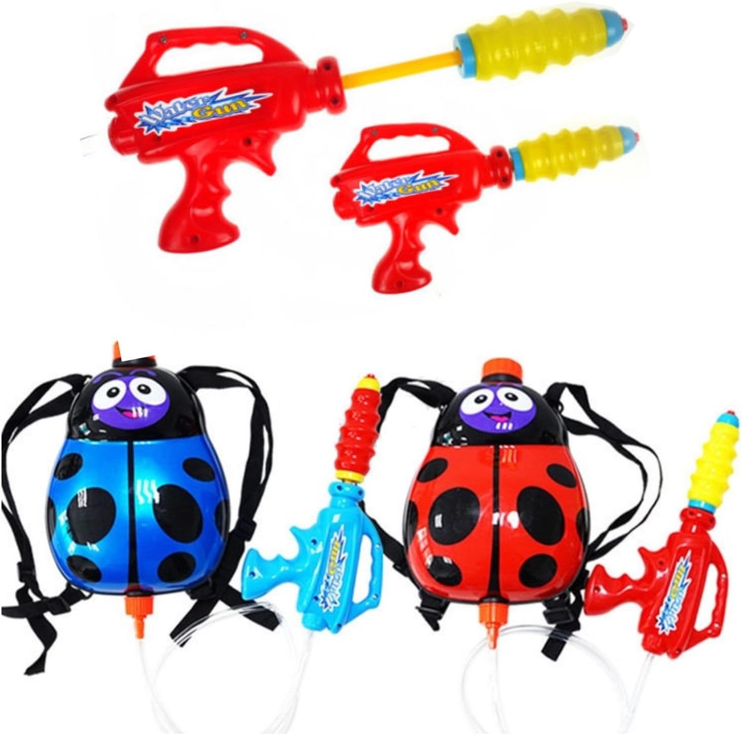 Childrens Set of 2 Ladybird 2L Backpack Water Gun Wet Toys Blue and Red Pump Action Cannon Blaster Garden Kids Fun (2 x ladybird gun)