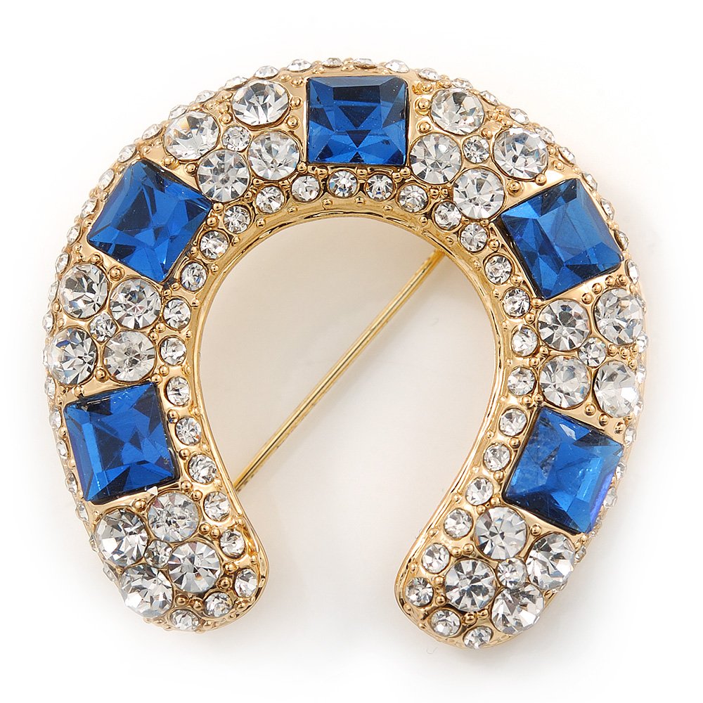 Clear And Blue Crystal Horseshoe Brooch In Gold Plating - 35mm