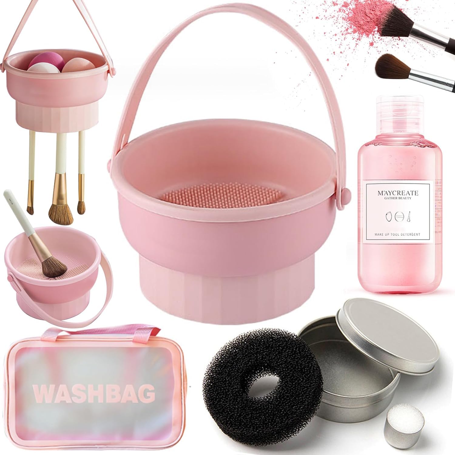 QUKLOGEN 3 In 1 Makeup Brush Cleaning Set Multifunctional Washing Bowl Drying Basket with Handle Silicone Cleaner Mat Removal Cleaner Sponge 150ml/5.12fl.oz Professional Makeup Brush Cleaner (Pink)
