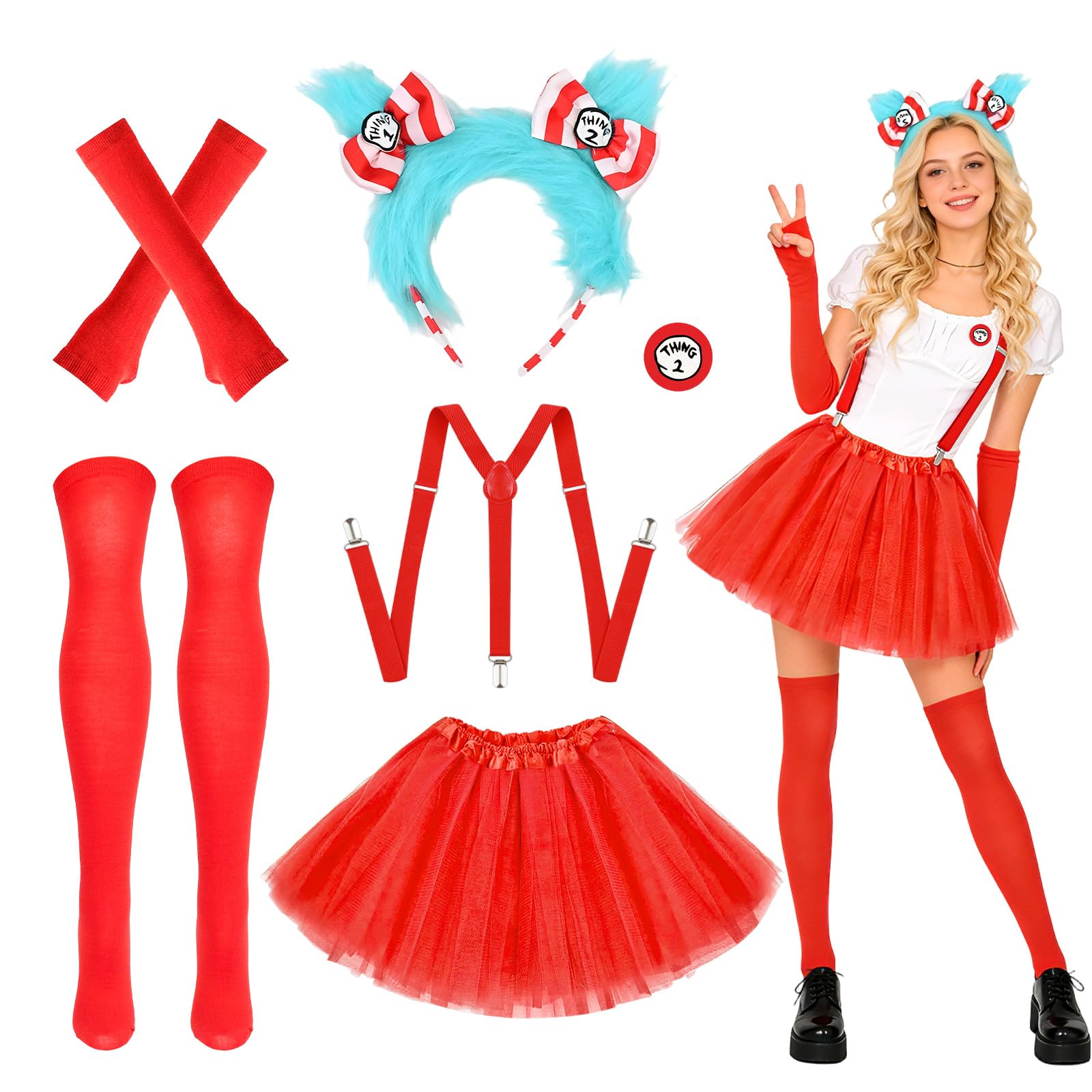 Ravzlyz 6pcs Thing 1 and Thing 2 Costume Complete Set for Adult, Fancy Dress with Headband Tutu Skirt Thigh High Socks Strap Sleeves Brooch for Halloween World Book Day Carnival Theme Party