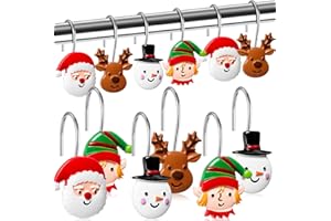 Yungyan 12 Pcs Christmas Shower Curtain Hooks Santa Claus Curtain Hangers Elf Snowmen Reindeer Decorative Rings Accessories for Xmas Bathroom Restroom Decor