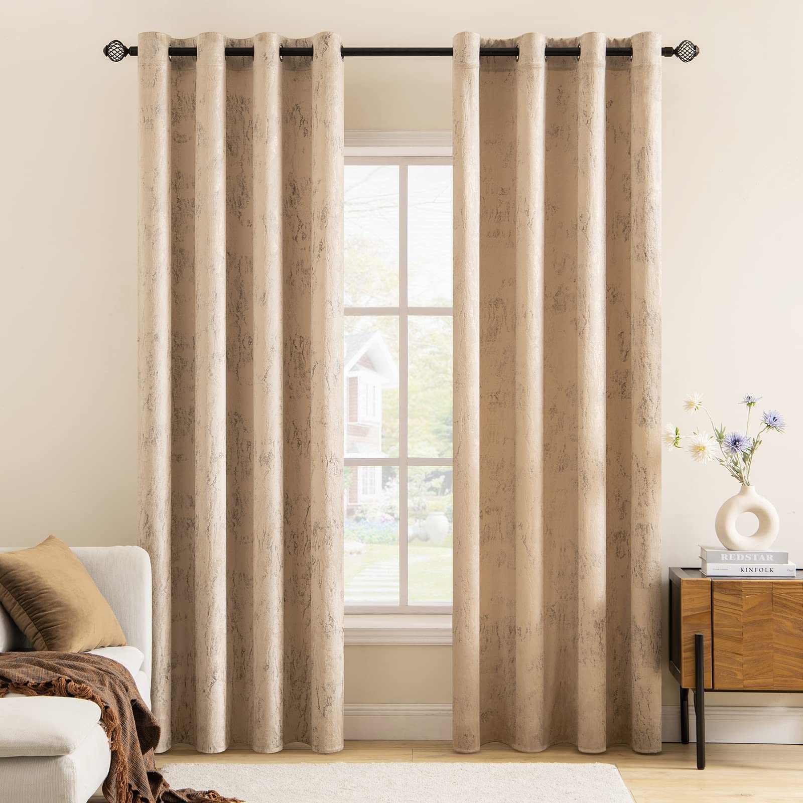 MIULEE Sparkle Velvet Curtains Bronzing Room Darkening Thermal Insulated Curtain Pair Eyelet Drapes for Windows Living Room Kids Bedroom 55" W x 57" L 140x145cm 2 Panels Khaki