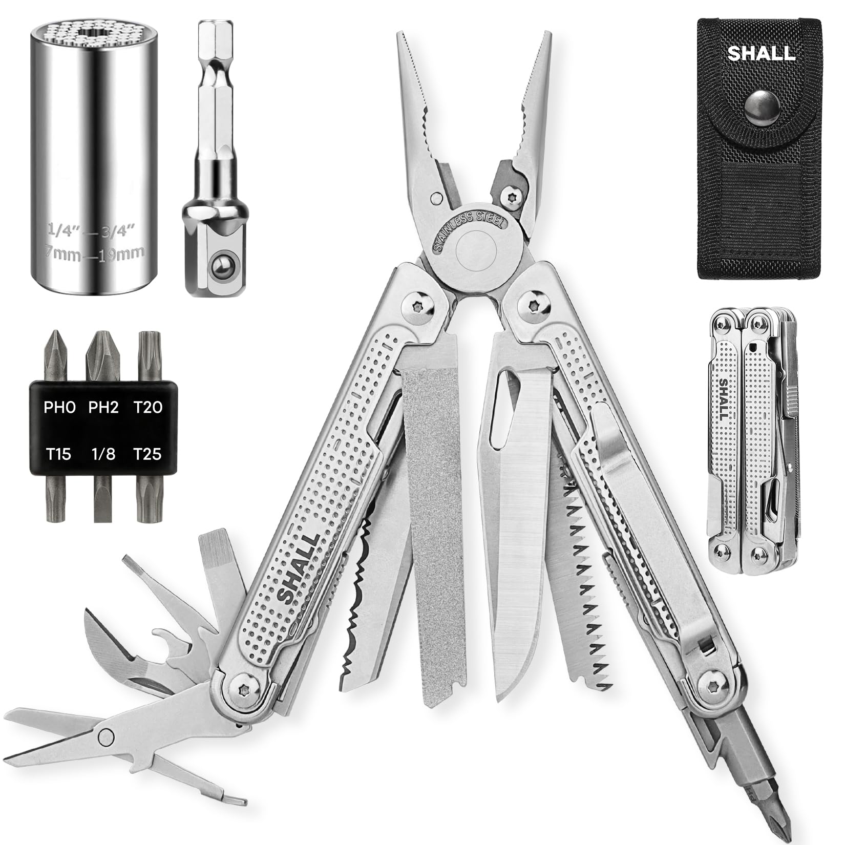 SHALL Multi Tool, 18-in-1 Multitool Pliers, Screwdriver Bit & Universal Socket, Self-Locking Multipurpose Tool w/Sheath for Camping Fishing Survival Hunting
