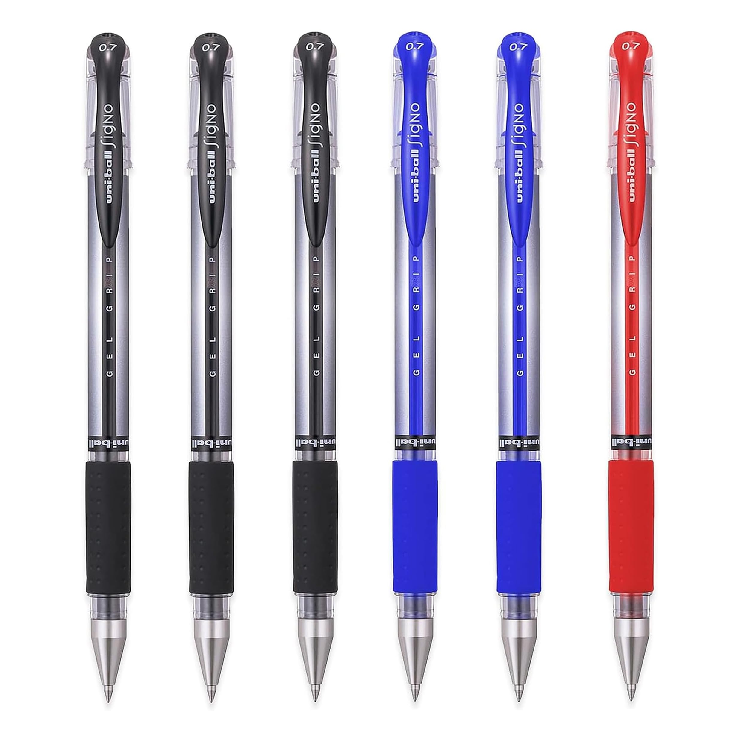 uni-ball UM-151S Signo Gel Grip Rollerball Pen - 0.7mm - 3 x Black, 2 x Blue, 1 x Red - Pack of 6