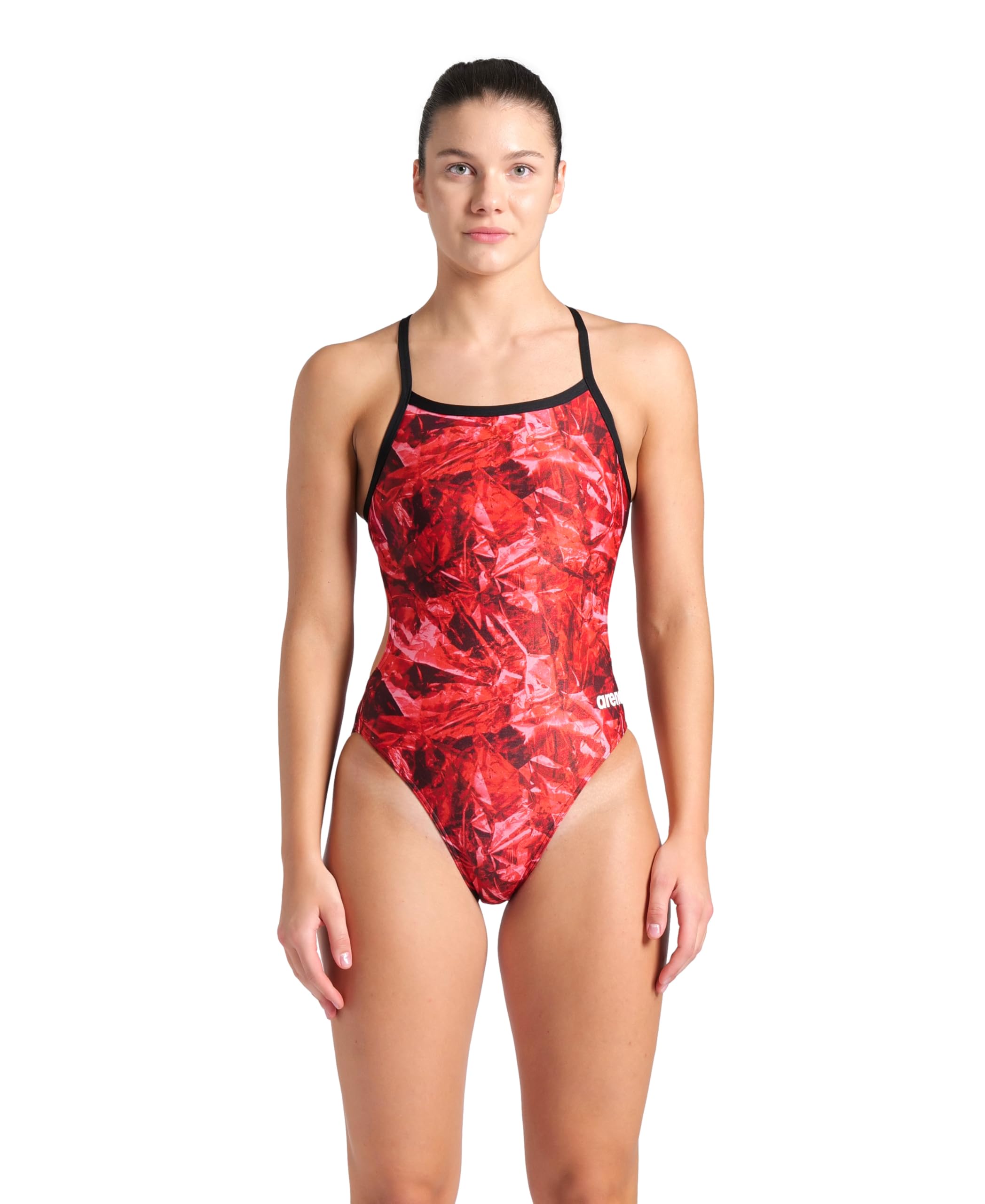 ARENA Women’s Crackle Team Print MaxLife Swimsuit Challenge Back One Piece Ladies Bathing Suit Competition Training Athletic Swimwear, Black/Team Red, US Size 34
