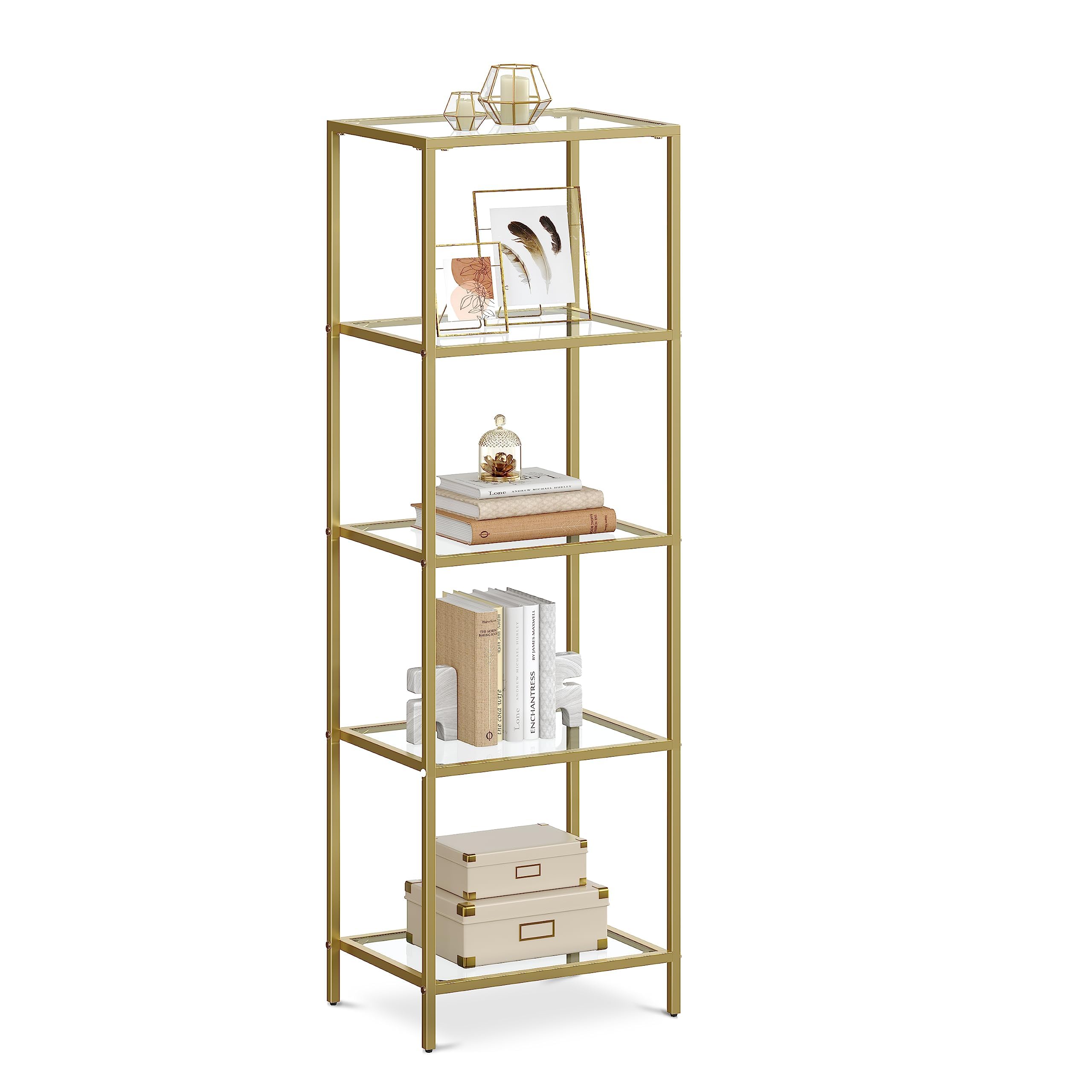 VASAGLE Bookcase, 5-Tier Bookshelf, Slim Shelving Unit for Bedroom, Bathroom, Home Office, Tempered Glass, Steel Frame, Metallic Gold ULGT029A01