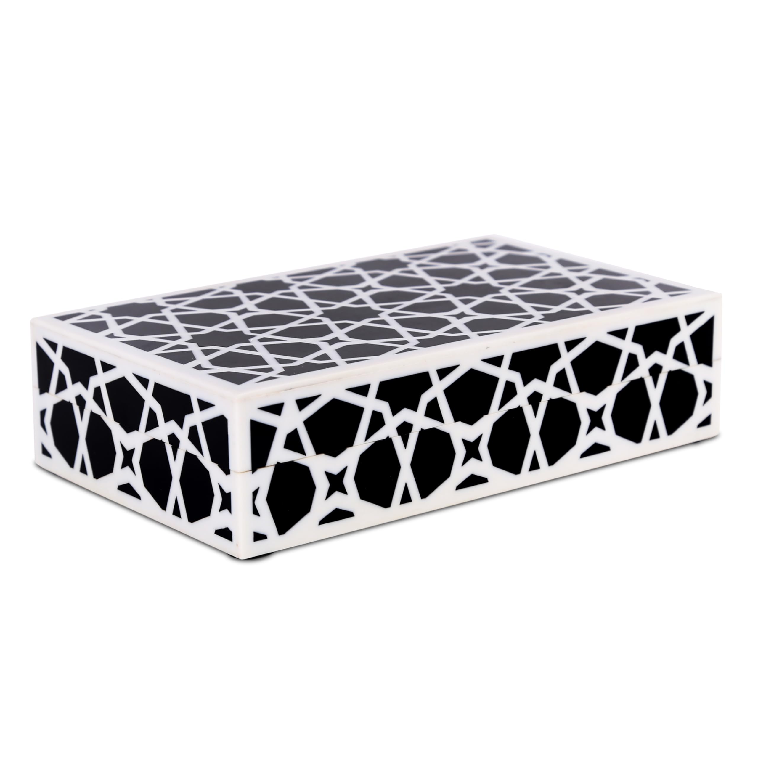 Handicrafts Home Small Decorative Storage Box with Lid, Black and White Moroccan Zellij Keepsake Box, Decorative Jewelry Trinket Box for Desk Organizer, Coffee Table & Shelf Decor, Zellij 8 x 5 x 2