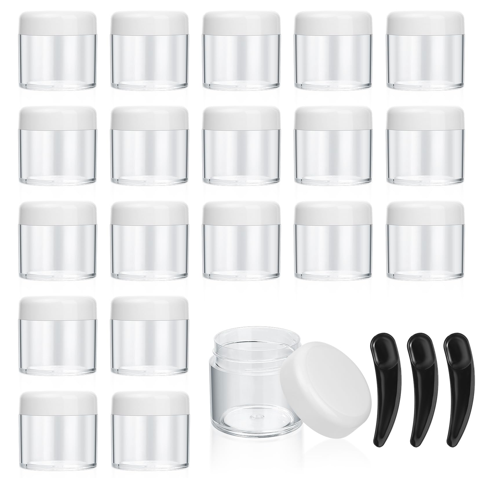 20 Pcs Clear Sample Pots, 40ml Plastic Refillable Cosmetic Containers with Screw Lids, Empty Travel Storage Makeup Container Jars with 3 Pcs Mini Spatulas-white (43x40mm)