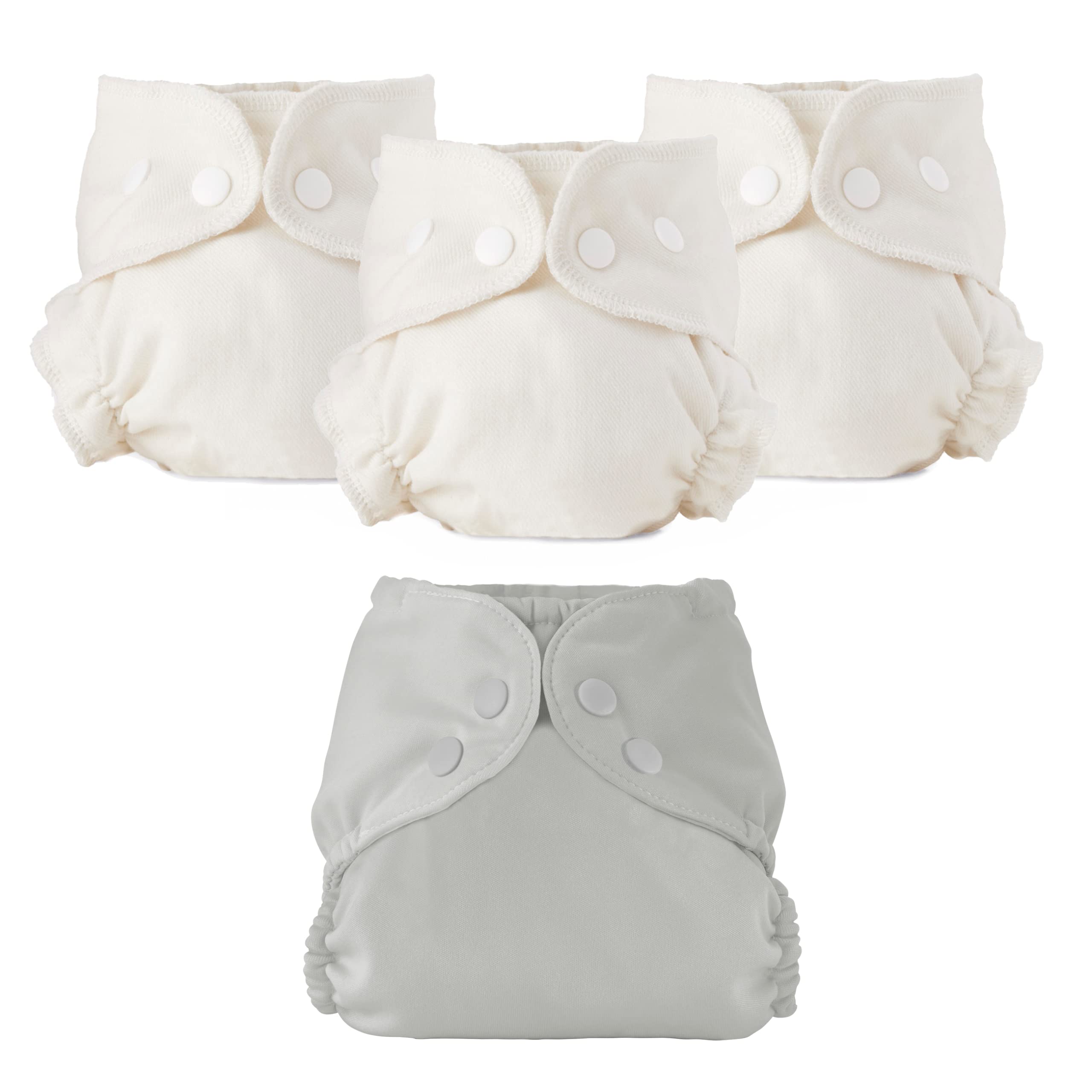 Photo 1 of Esembly Cloth Diaper Bundle Set - 3 Organic Cotton Absorbent Inners and 1 Waterproof Outer Diaper Cover - Reusable, Washable, Snap Closure Cloth Diapers - Size 2 (18-35lbs), Dove