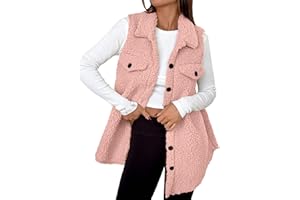 Lmdudan Women Fleece Vest Coat Casual Sleeveless Button Down Sherpa Long Jacket Trendy Lapel Neck Outerwear