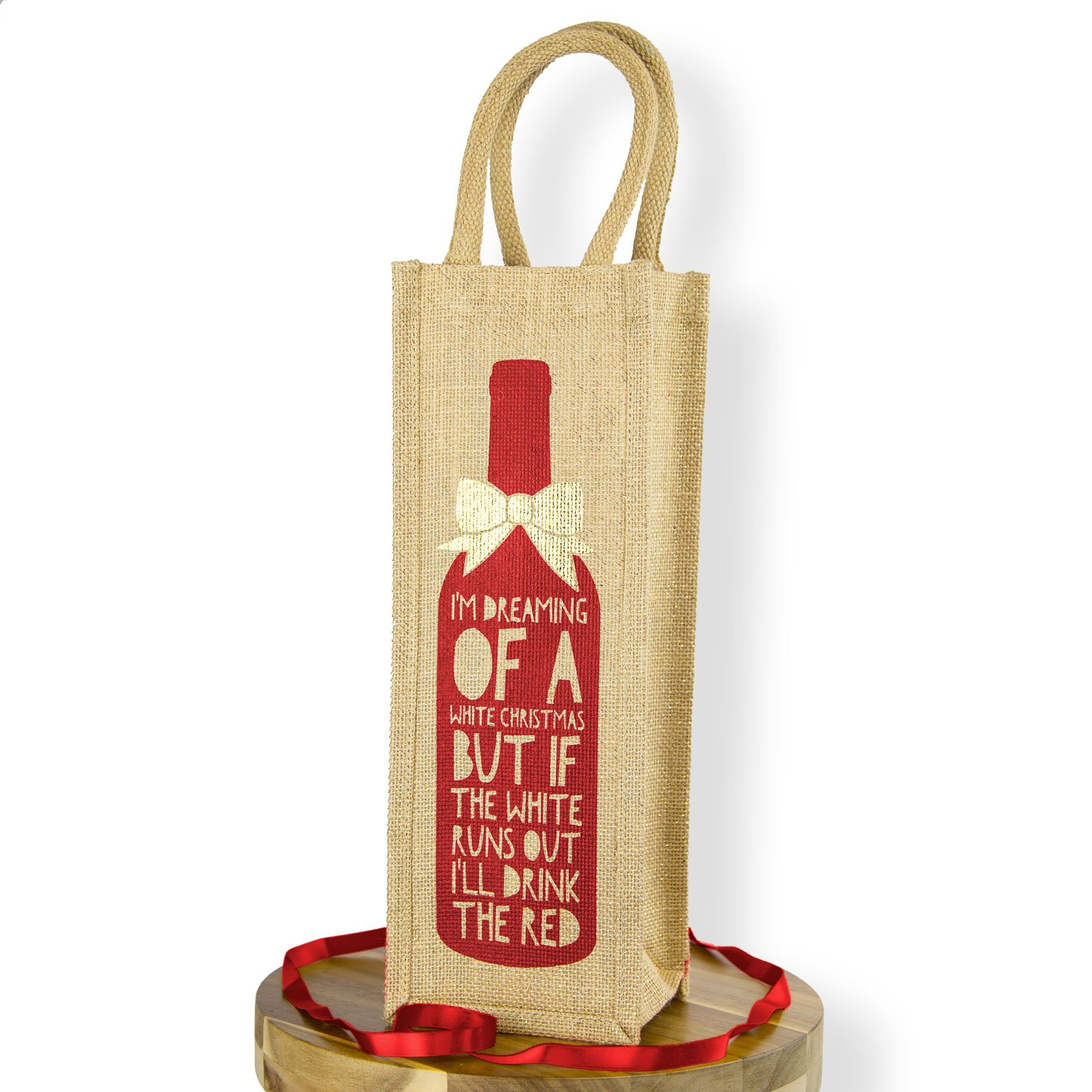 White Christmas Bottle Bag, Perfect Gift Bag for Christmas, Available in Two Colour Options (Red)