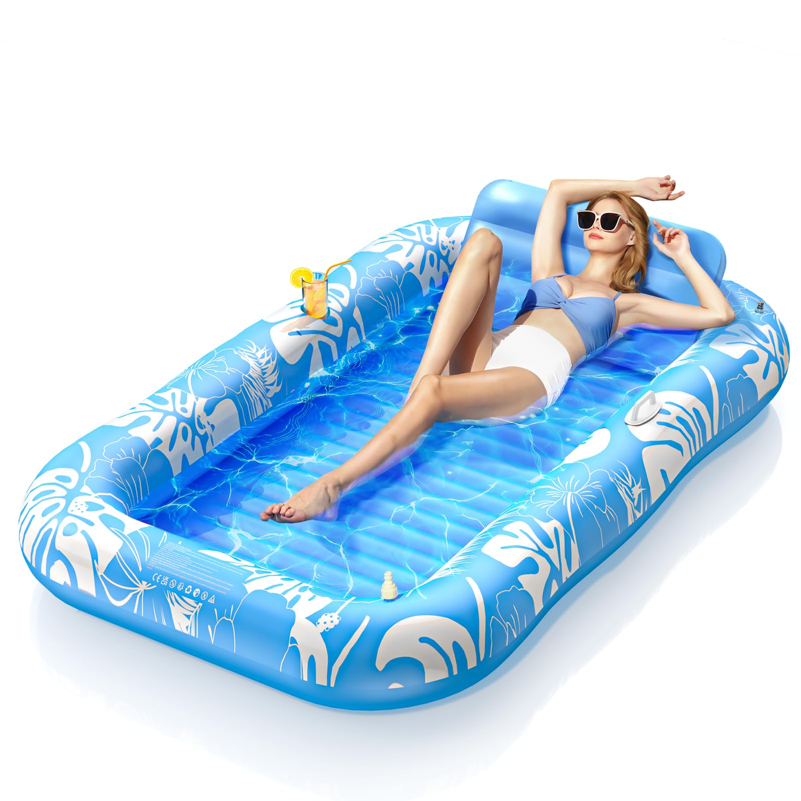 Inflatable Tanning Pool Lounger Float with Sprinkler, 77" x 48" Pool Floats Adult with Pillow, 6 in 1 Suntan Tub Raft Floatie with Drink Holder Sunbathing Water Lounge