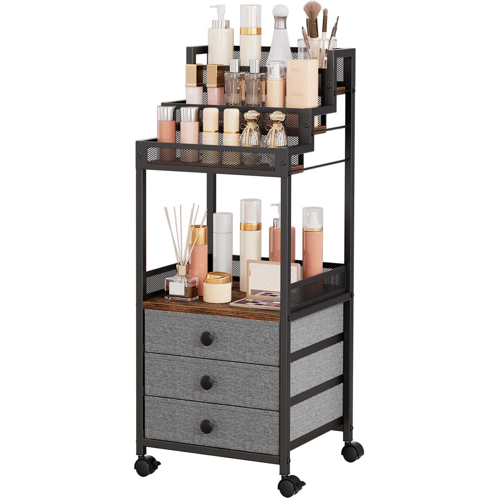 FURFUN Display Riser Stand Perfume Cologne Organizer, Rolling Makeup Storage Cart with Fabric Drawers, Floor Vanity Cosmetics Display Cases for Skin Care Nail Polish Figures Rustic Brown Ladder Stand