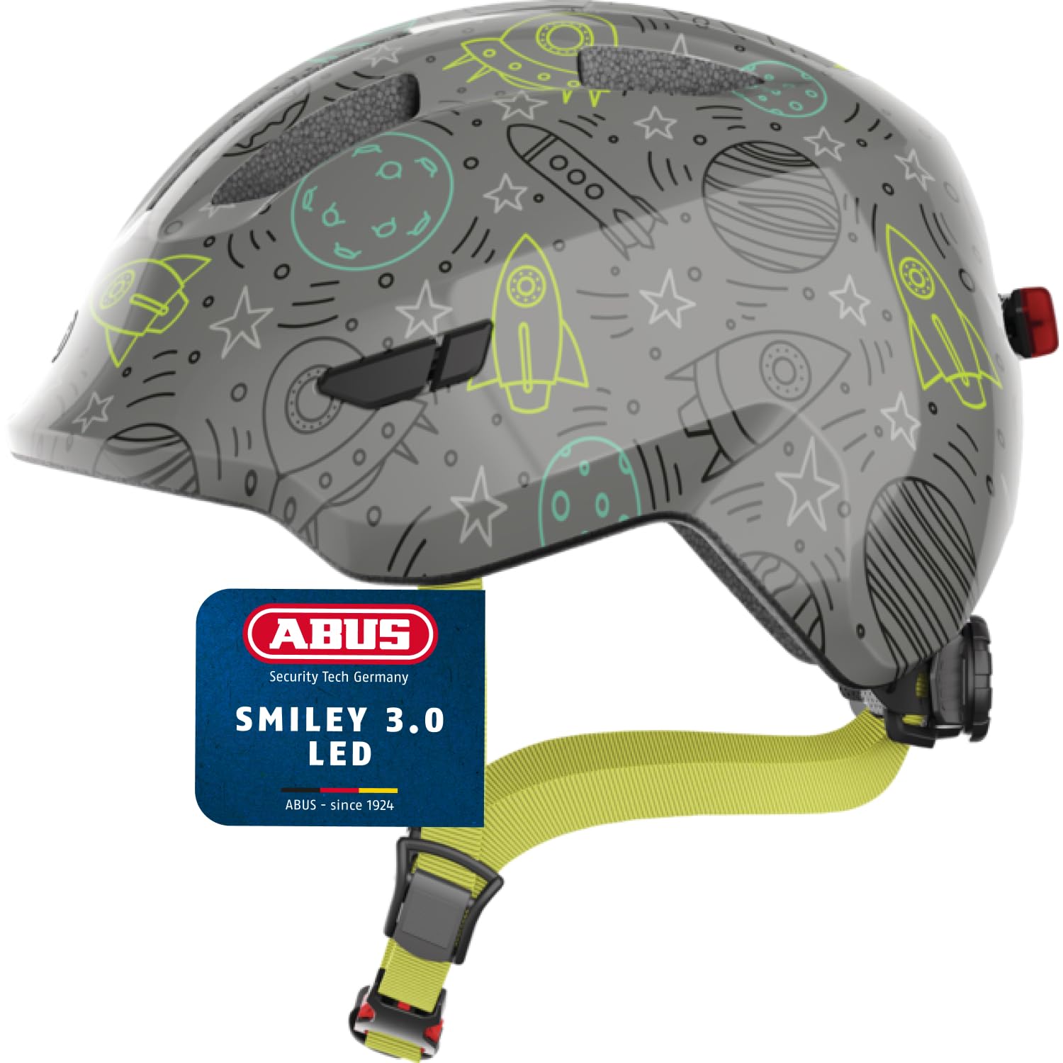 ABUS children's helmet Smiley 3.0 LED - bike helmet with light - deep fit & space for a pigtail - for girls and boys - grey with space pattern, size S, S (45-50 cm)