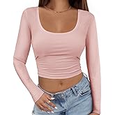 Buauty Women's Long Sleeve Square Neck Crop Tops, Ribbed Knit Slim Fitted Casual Basic Y2K Crop Top Tee Blouse Retro1 Pink