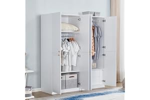 ModMakers 71.7" H White 4 Doors Closet Wardrobe Large Wood Freestanding Wardrobe Armoire Cabinet Closet with Hanging rods Shelf 2 Drawers Clothes Closet for Bedroom Bathroom Clothes Storage Organizer