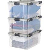 IRIS USA 3-Pack 60 Qt Storage Bins with Gasket Lids, Clear/Chrome | WeatherPro seal helps protect bulky items for moving, garage, attic and basement storage