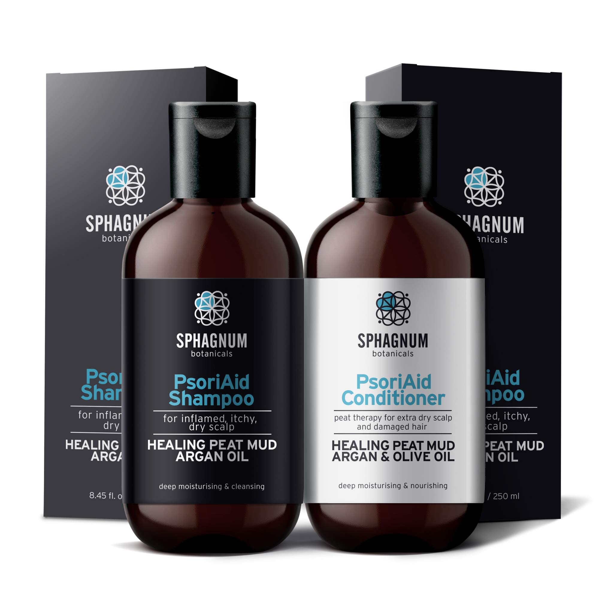 Psoriasis Shampoo and Conditioner Set - Complete Peat Mud Therapy for Itchy Scalp. Natural Healing Peat, Argan and Olive Oil Treatment No Coal Tar. For Both Men and Women.