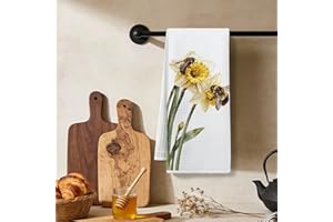 Spring Summer Bee & Daffodil Floral Print Kitchen Towels, Absorbent Microfiber Waffle Weave Dish Cloths & Tea Towels, Waffle 