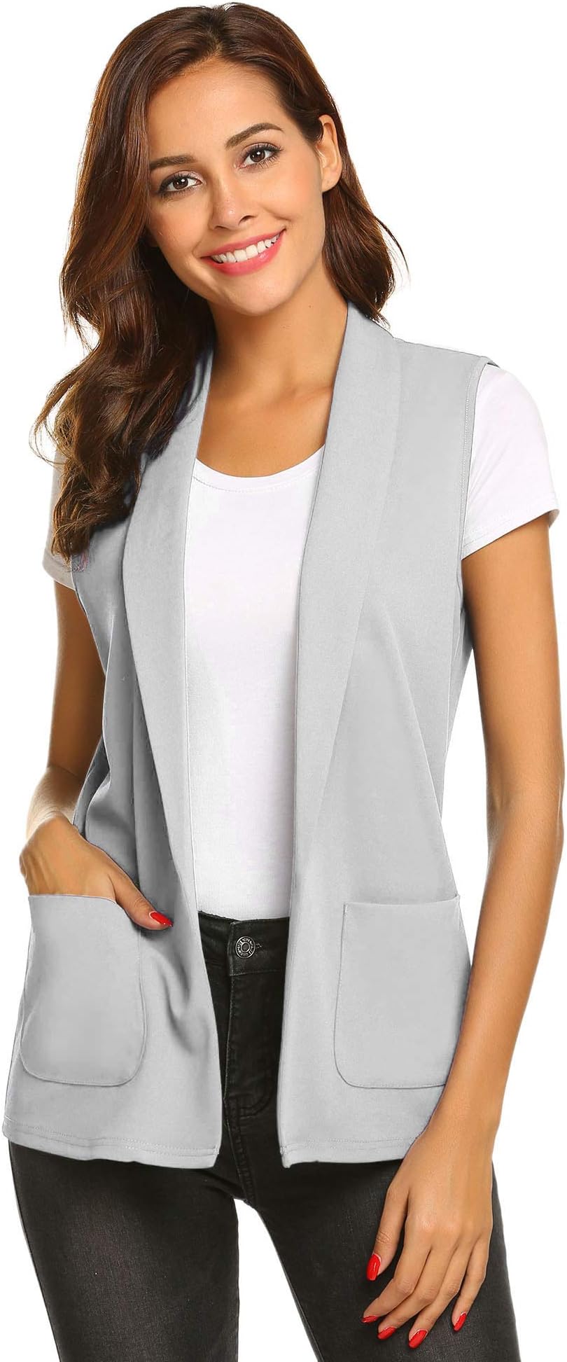Women's Sleeveless Vest Casual Open Front Cardigan Blazer with Pockets