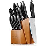 Knife Set 15-Piece Kitchen Knife Set with Sharpener Wooden Block and Serrated Steak Knives,Emojoy Germany High Carbon Stainle