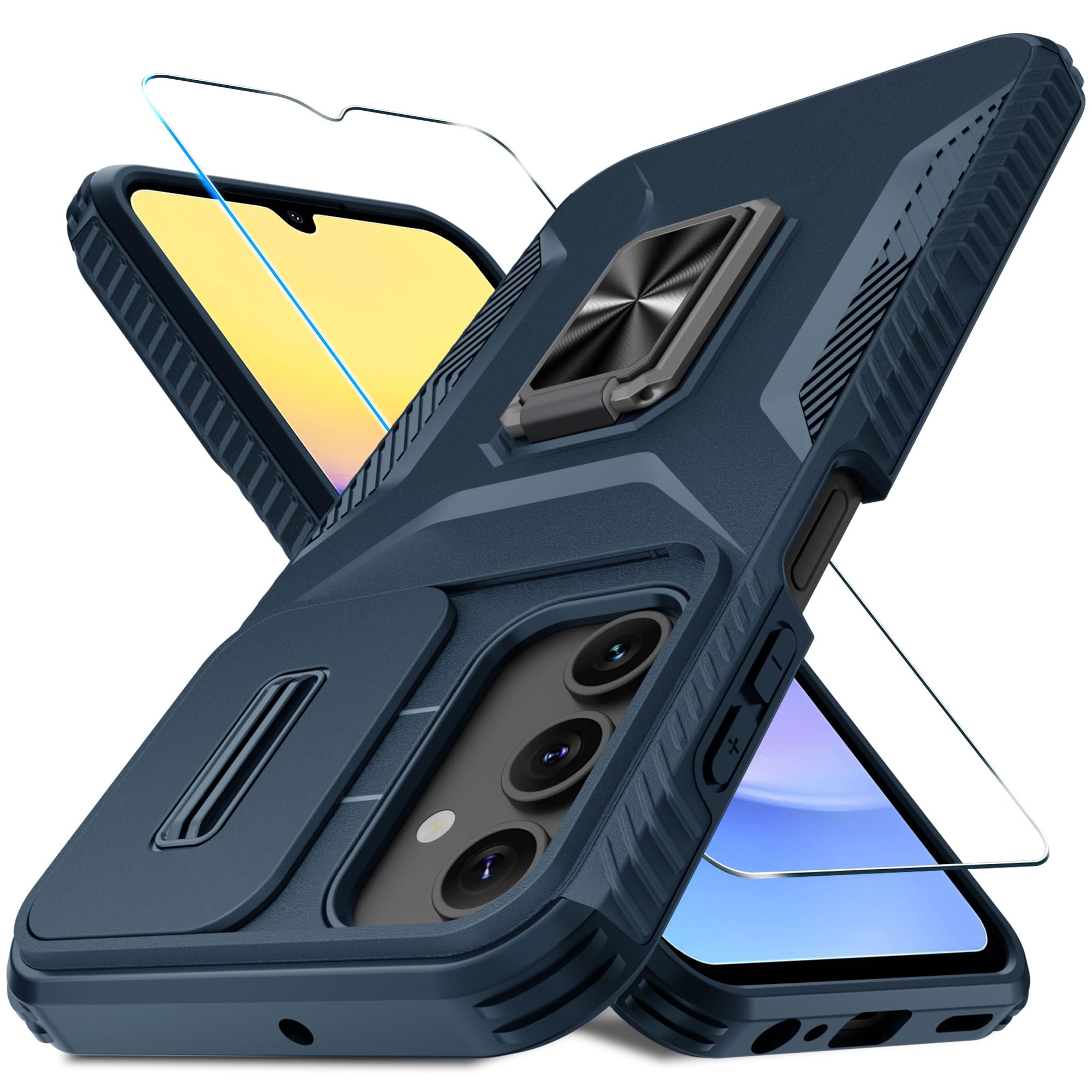 Photo 1 of CASEJEEN for Samsung Galaxy A25 5G Case with Tempered Glass Screen Protector and Camera Lens Cover,Rotated Ring Stable Kickstand,Heavy Duty Shockproof Protective Phone Cover-Blue