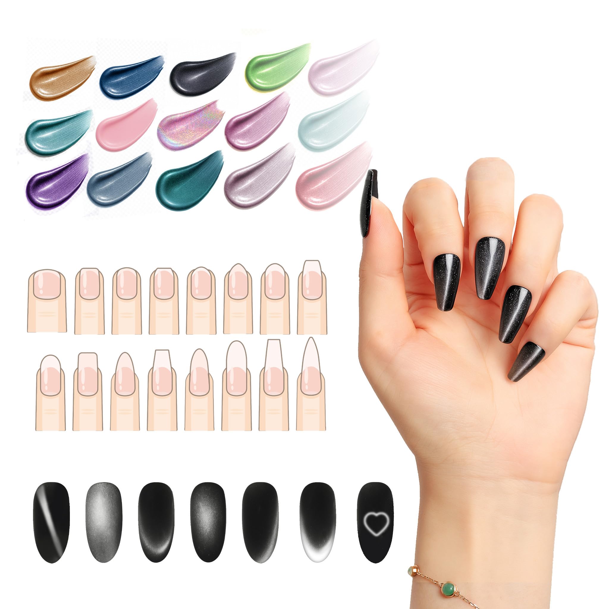Sun&Beam Nails Custom Cat Eye Press-On Nails – Handmade Magnetic Fake Nails – Choose Color, Shape, Size & Effect 10 Pcs