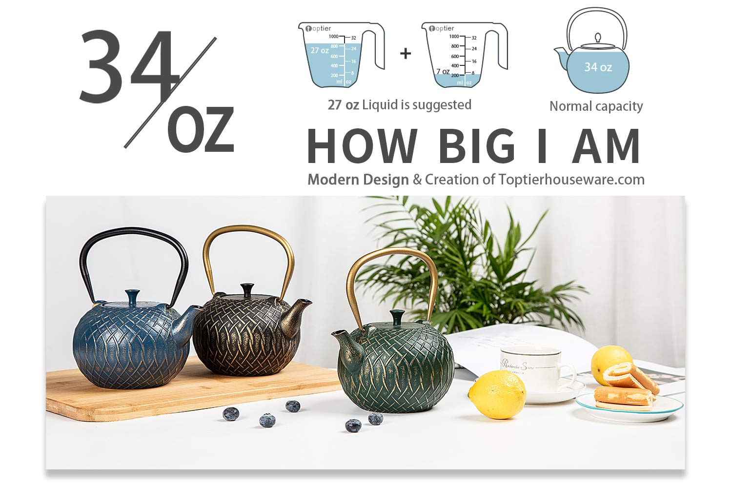 Tea Kettle, Toptier Japanese Cast Iron Tea Kettle for Stove Top, Stovetop Safe Teapot with Infusers for Loose Tea, 34 Ounce (1000 ml), Turquoise Melody