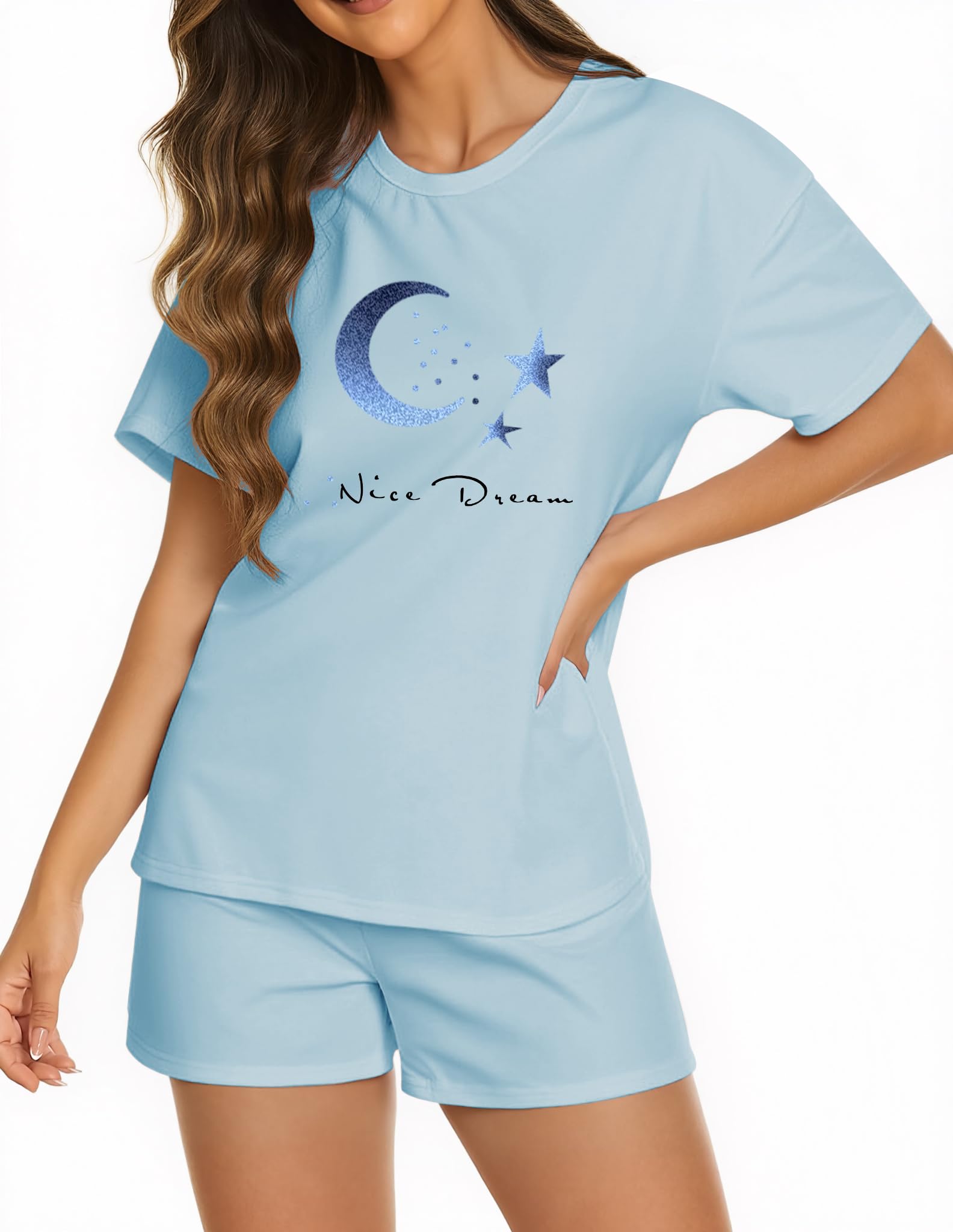 Photo 1 of SMALL-KFUBUO Women 2 Piece Pajamas Set Cute Summer Pj Short Sleeve and Shorts Matching Sleepwear