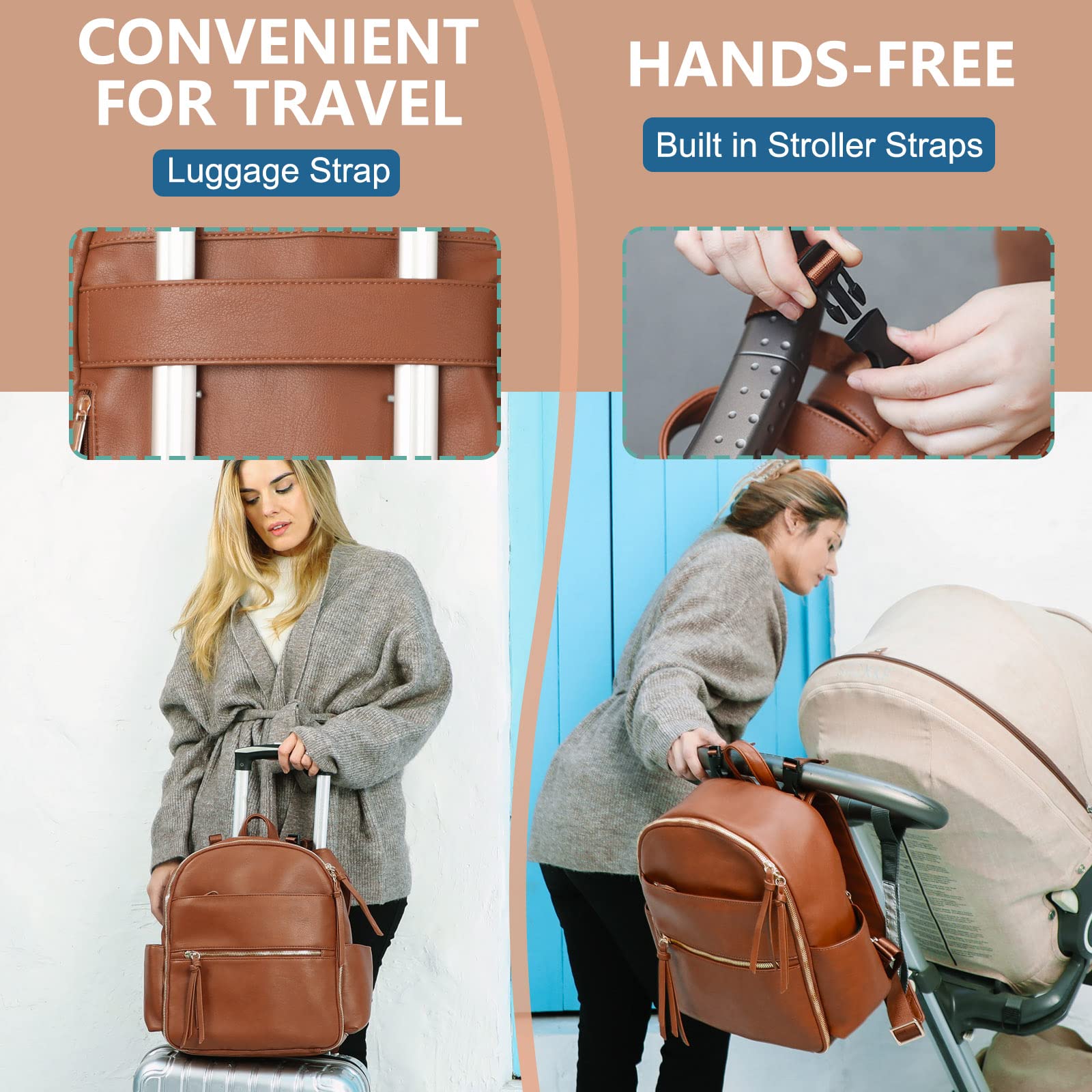 MOMINSIDE MOMINSIDE Small Diaper Bag Backpack, Mini Diaper Bag with 11 Pockets, Leather diaper backpack, Baby Diaper Bag for Baby Girls, 2 Insulated Pockets, Stroller Straps (Brown)