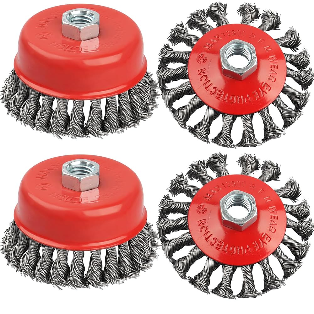 Twist Knot Wire Wheel Cup Brush Set for Angle Grinder, 4 Pack M14 Coarse Twisted Knotted Wire Wheel for Heavy Cleaning Rust, Stripping and Abrasive